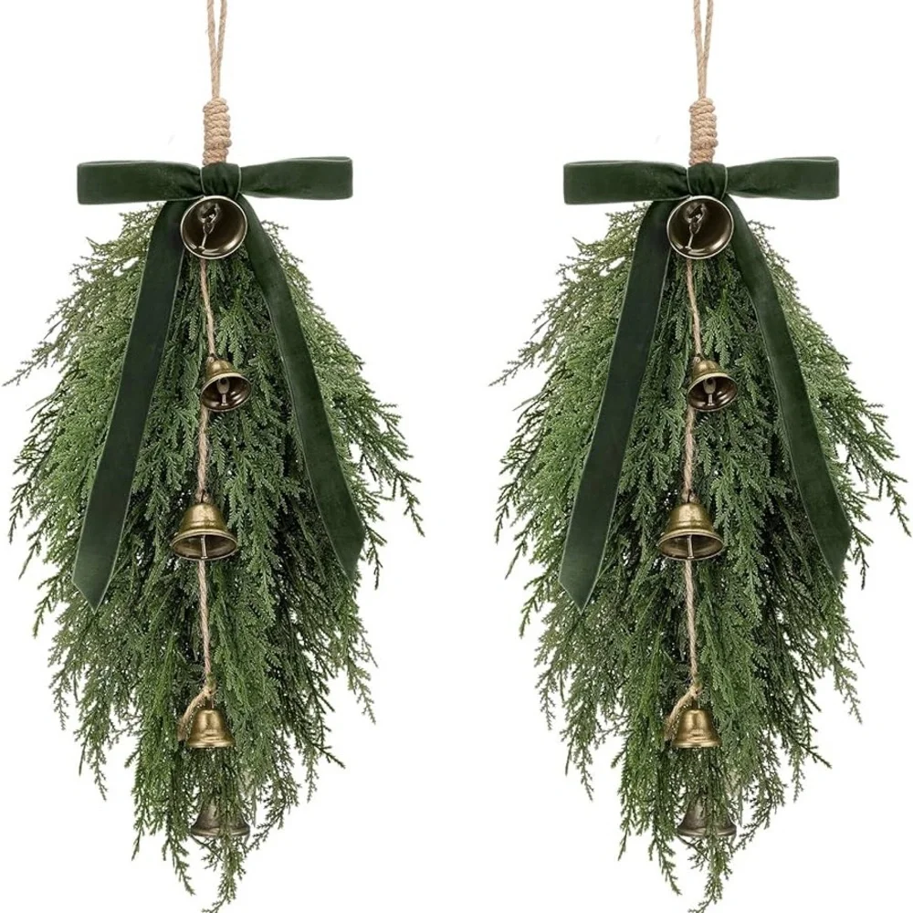 NEW Greenery Cedar Teardrop Holiday Swag with Velvet Ribbon & Bells